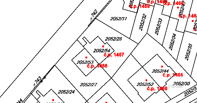 Radotín 1457, Praha na parcele st. 2052/54 v KÚ Radotín, Katastrální mapa