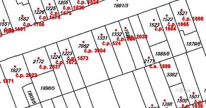 Hodonín 524 na parcele st. 1331 v KÚ Hodonín, Katastrální mapa