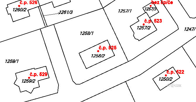 Mariánské Údolí 525, Hlubočky na parcele st. 1258/2 v KÚ Hlubočky, Katastrální mapa