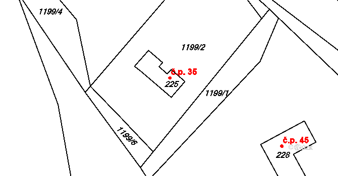 Hrádek 35 na parcele st. 225 v KÚ Hrádek u Jehnědí, Katastrální mapa