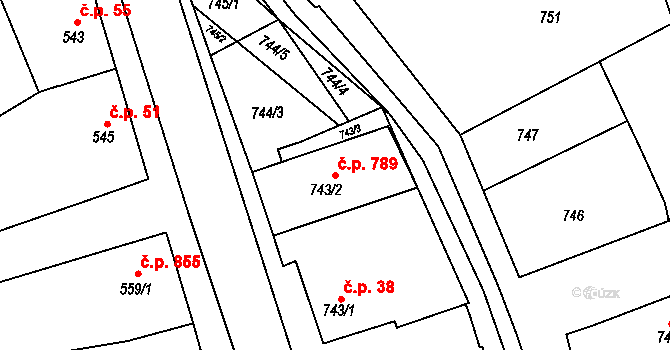Šardice 789 na parcele st. 743/2 v KÚ Šardice, Katastrální mapa