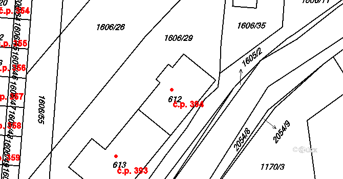 Merklín 394 na parcele st. 612 v KÚ Merklín u Přeštic, Katastrální mapa