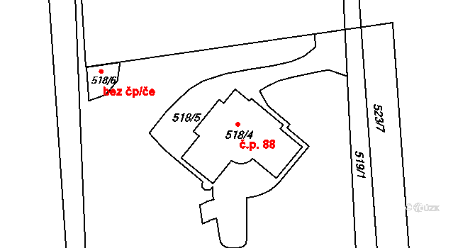 Vělopolí 88 na parcele st. 518/4 v KÚ Vělopolí, Katastrální mapa