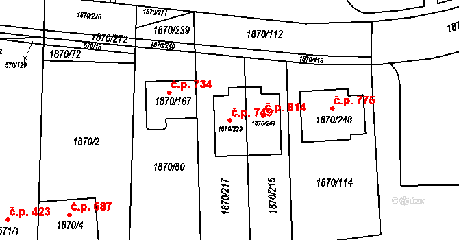 Vyškov-Předměstí 749, Vyškov na parcele st. 1870/229 v KÚ Vyškov, Katastrální mapa
