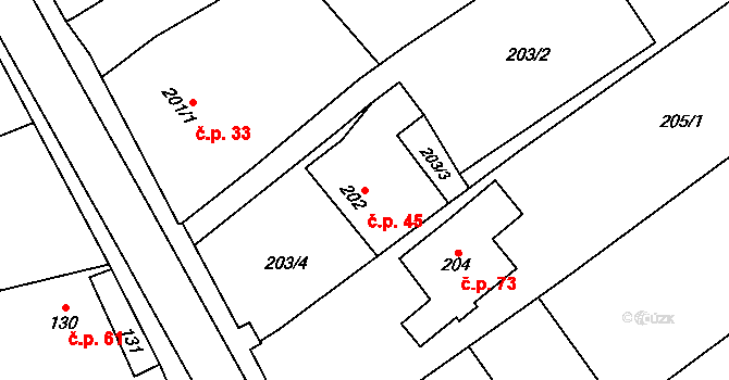 Salaš 45, Zlín na parcele st. 202 v KÚ Salaš u Zlína, Katastrální mapa