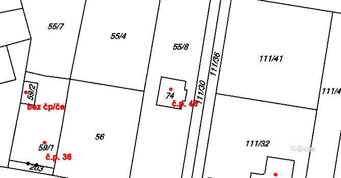 Suché 46, Modlany na parcele st. 74 v KÚ Suché, Katastrální mapa