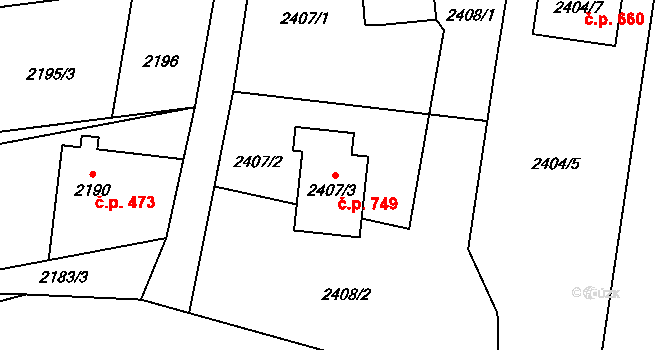 Fryčovice 749 na parcele st. 2407/3 v KÚ Fryčovice, Katastrální mapa