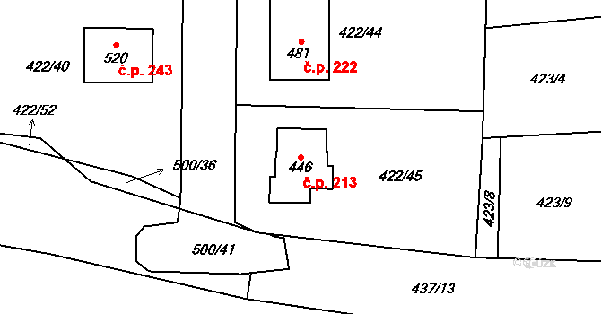 Smrkovice 213, Písek na parcele st. 446 v KÚ Smrkovice, Katastrální mapa