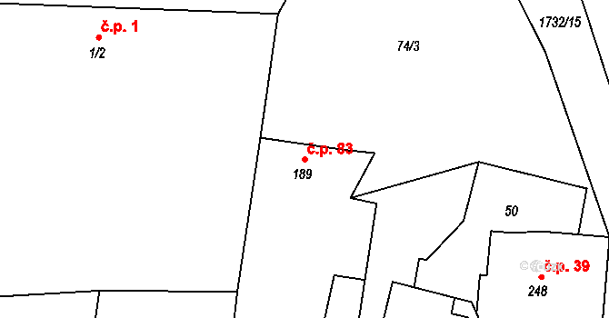 Dražíč 83 na parcele st. 189 v KÚ Dražíč, Katastrální mapa
