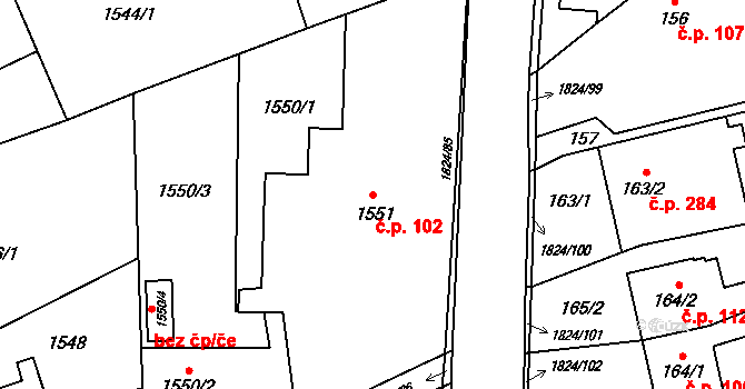 Markvartovice 102 na parcele st. 1551 v KÚ Markvartovice, Katastrální mapa