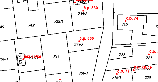Bolatice 555 na parcele st. 739/2 v KÚ Bolatice, Katastrální mapa