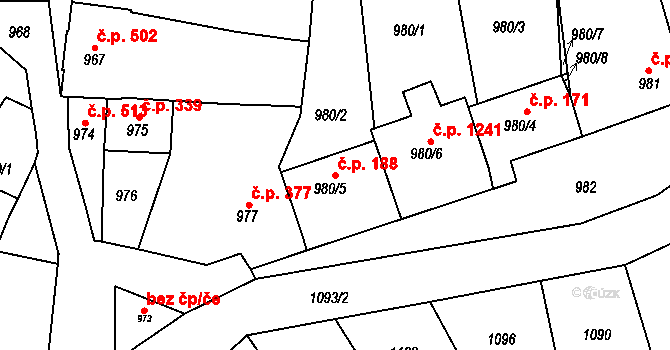 Vlčnov 188 na parcele st. 980/5 v KÚ Vlčnov, Katastrální mapa