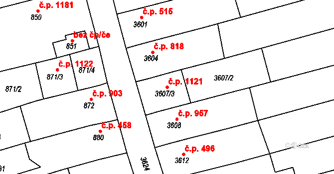 Vlčnov 1121 na parcele st. 3607/3 v KÚ Vlčnov, Katastrální mapa