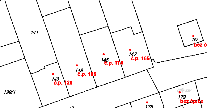 Hrušky 174 na parcele st. 145 v KÚ Hrušky u Brna, Katastrální mapa