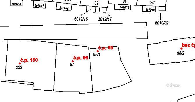 Popovice 59 na parcele st. 98/1 v KÚ Popovice u Uherského Hradiště, Katastrální mapa