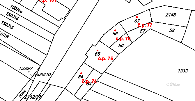 Tučapy 75 na parcele st. 65 v KÚ Tučapy u Vyškova, Katastrální mapa