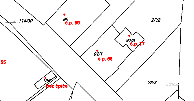 Korozluky 68 na parcele st. 91/1 v KÚ Korozluky, Katastrální mapa