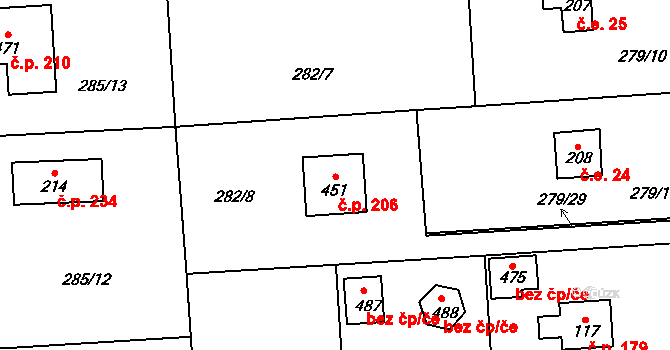 Lhota 206 na parcele st. 451 v KÚ Lhota u Dřís, Katastrální mapa