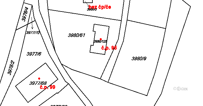 Těšovice 95 na parcele st. 3980/125 v KÚ Těšovice, Katastrální mapa