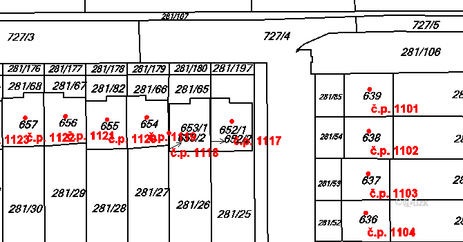 Kralupy nad Vltavou 1117 na parcele st. 652/1 v KÚ Lobeč, Katastrální mapa