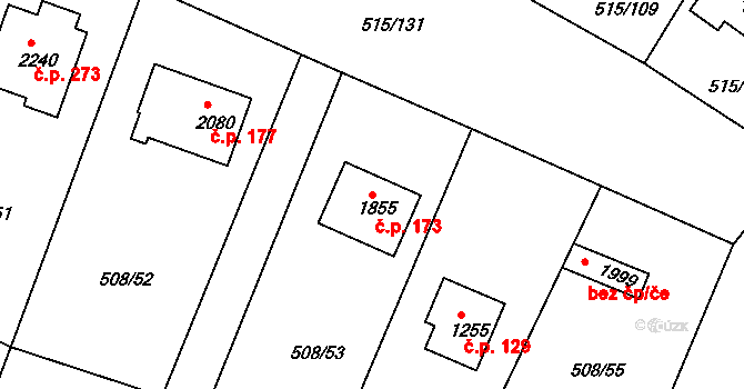 Hradištko 173 na parcele st. 1855 v KÚ Hradištko pod Medníkem, Katastrální mapa