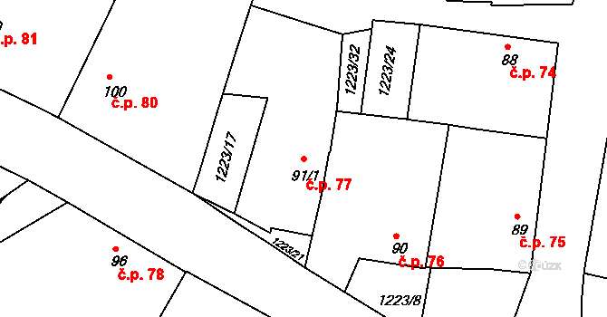 Pořín 77, Dolní Hořice na parcele st. 91/1 v KÚ Pořín, Katastrální mapa