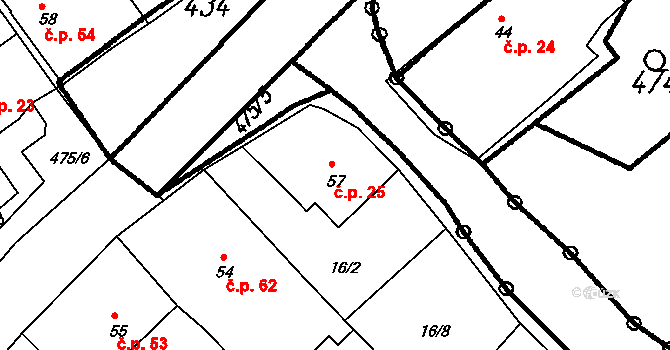 Hyršov 25, Všeruby na parcele st. 57 v KÚ Hyršov, Katastrální mapa