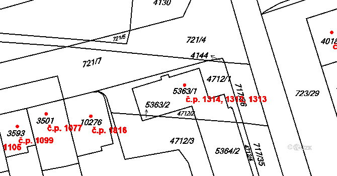 Bílé Předměstí 1312,1313,1314, Pardubice na parcele st. 5363/1 v KÚ Pardubice, Katastrální mapa