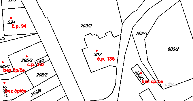 Olomučany 135 na parcele st. 397 v KÚ Olomučany, Katastrální mapa