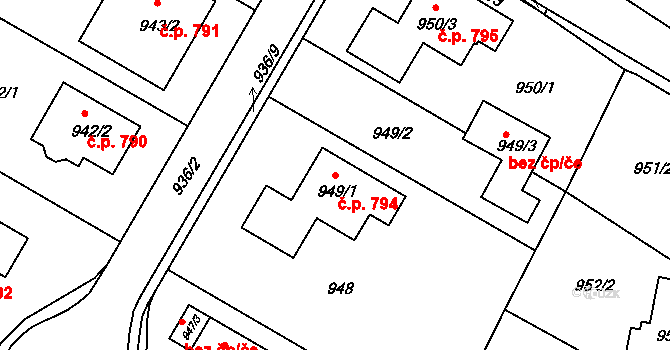 Miřetice u Klášterce nad Ohří 794, Klášterec nad Ohří na parcele st. 949/1 v KÚ Miřetice u Klášterce nad Ohří, Katastrální mapa