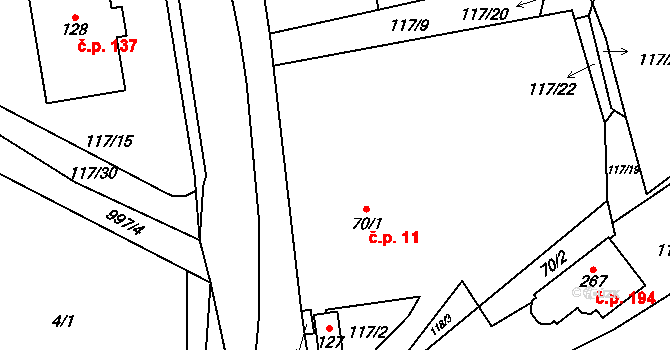 Rynárec 11 na parcele st. 70/1 v KÚ Rynárec, Katastrální mapa