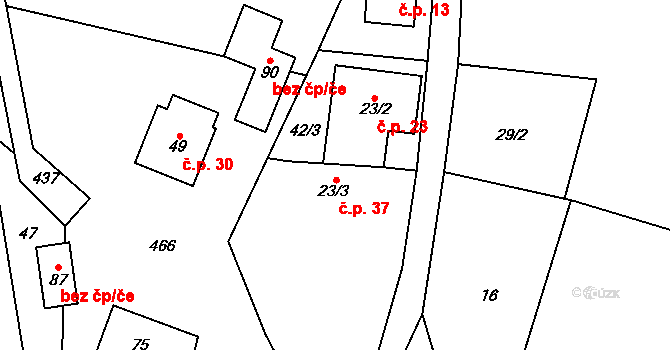 Radňov 37, Květinov na parcele st. 23/3 v KÚ Radňov u Květinova, Katastrální mapa