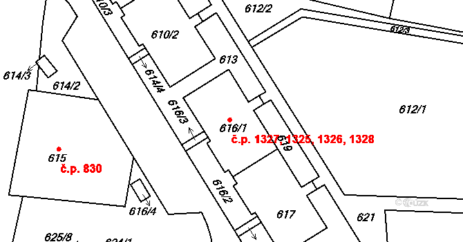 Chotěboř 1325,1326,1327,1328 na parcele st. 616/1 v KÚ Chotěboř, Katastrální mapa