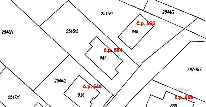 Čebín 564 na parcele st. 845 v KÚ Čebín, Katastrální mapa