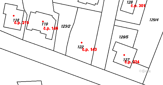 Antonínův Důl 143, Jihlava na parcele st. 122 v KÚ Antonínův Důl, Katastrální mapa