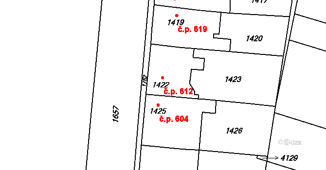 Sadská 612 na parcele st. 1422 v KÚ Sadská, Katastrální mapa