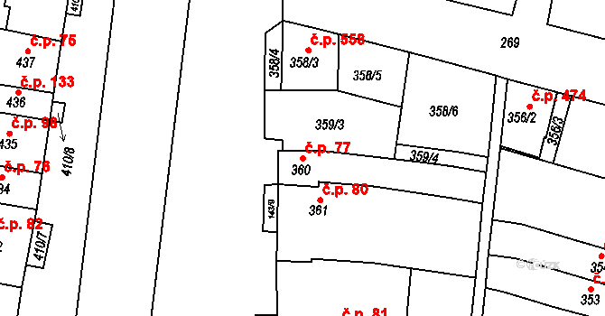 Měnín 77 na parcele st. 360 v KÚ Měnín, Katastrální mapa