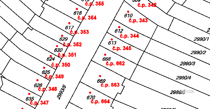Kyjov 662 na parcele st. 668 v KÚ Kyjov, Katastrální mapa