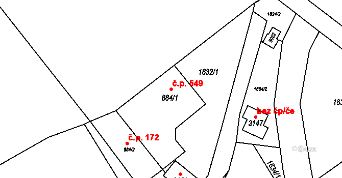 Ostravice 549 na parcele st. 884/1 v KÚ Ostravice 1, Katastrální mapa