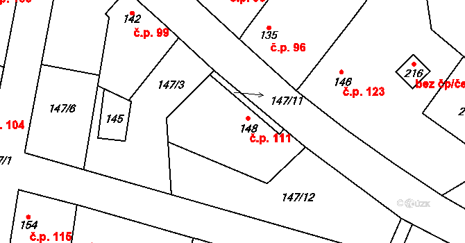 Suchomasty 111 na parcele st. 148 v KÚ Suchomasty, Katastrální mapa