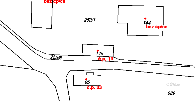 Černěves 11 na parcele st. 145 v KÚ Černěves, Katastrální mapa
