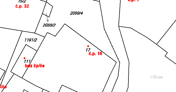 Ponědrážka 15 na parcele st. 17 v KÚ Ponědrážka, Katastrální mapa