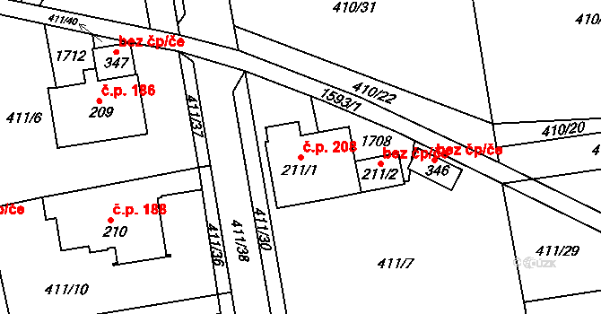 Vítějeves 208 na parcele st. 211/1 v KÚ Vítějeves, Katastrální mapa