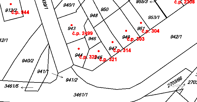 Pelhřimov 321 na parcele st. 945 v KÚ Pelhřimov, Katastrální mapa
