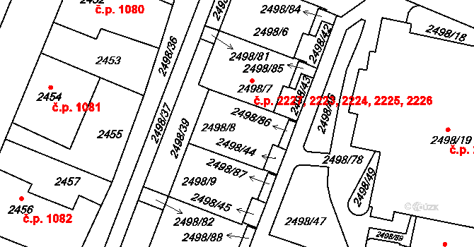 Horní Počernice 2225, Praha na parcele st. 2498/8 v KÚ Horní Počernice, Katastrální mapa
