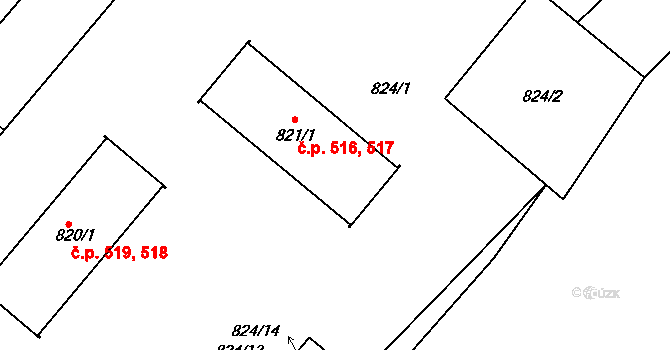 Suchdol nad Lužnicí 516,517 na parcele st. 821/1 v KÚ Suchdol nad Lužnicí, Katastrální mapa