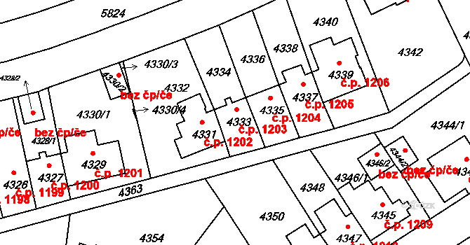 Záběhlice 1203, Praha na parcele st. 4333 v KÚ Záběhlice, Katastrální mapa