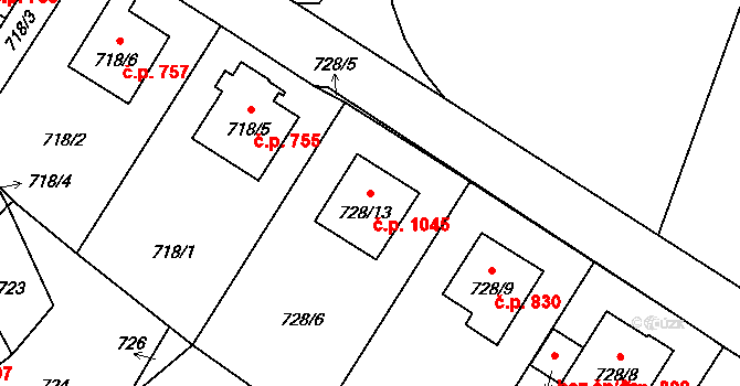 Ruzyně 1045, Praha na parcele st. 728/13 v KÚ Ruzyně, Katastrální mapa