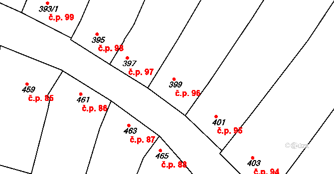Blučina 96 na parcele st. 399 v KÚ Blučina, Katastrální mapa
