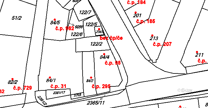 Rosice 95 na parcele st. 84/4 v KÚ Rosice u Brna, Katastrální mapa
